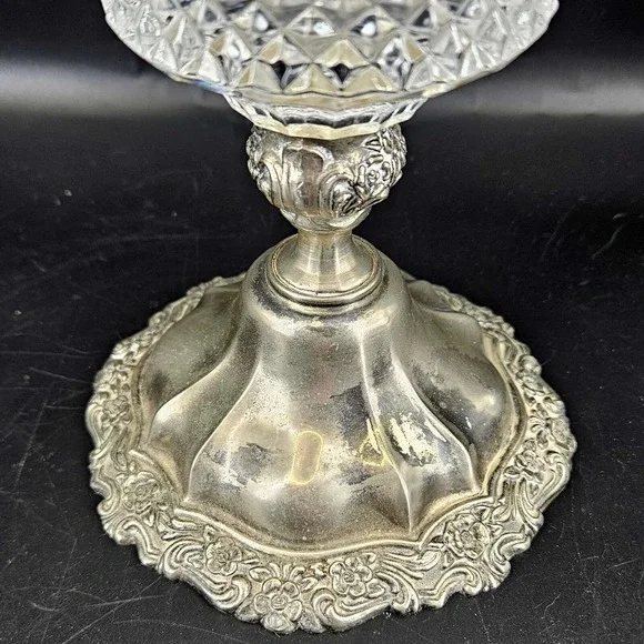 Vintage silver plated floral base diamond cut glass heavy ornate vase, 12" - Picture 3 of 6